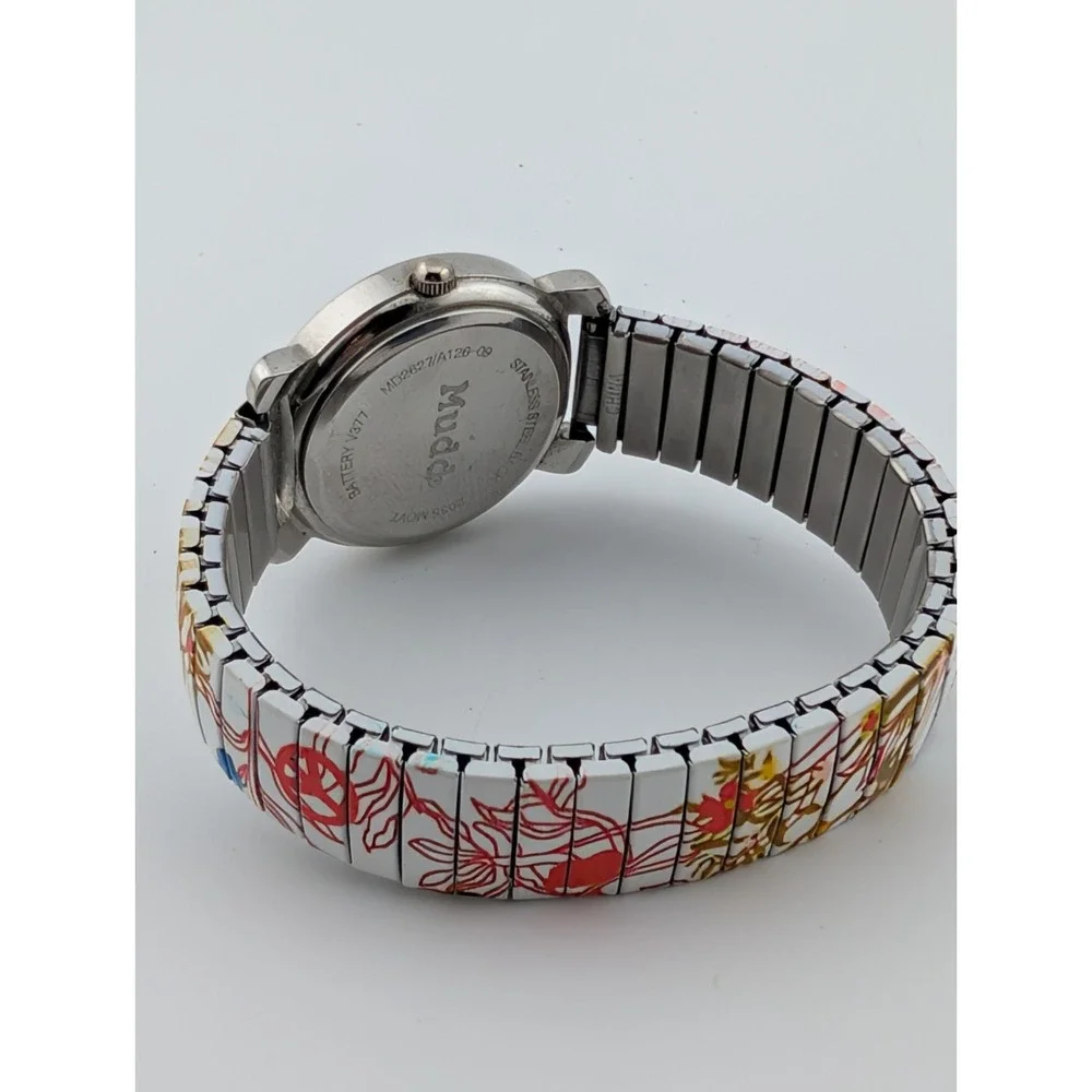 Mudd Watch Women 30mm Case Peace Sign‎ Dial Butterfly Stretch Band- New Battery